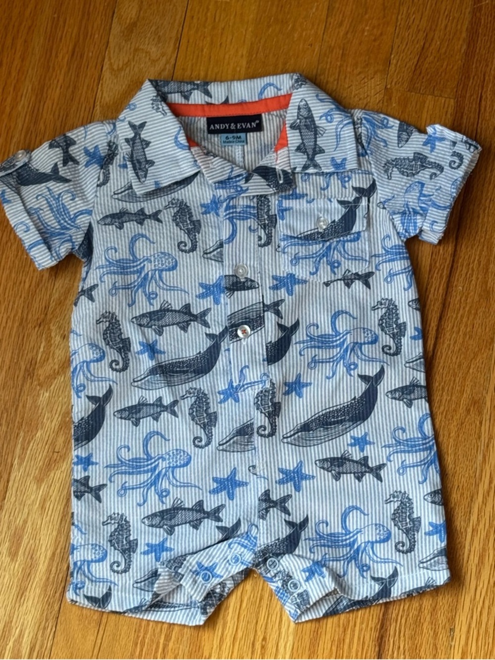Baby Boys Andy & Evan Navy and Light Blue Ocean Print Button-Front Romper